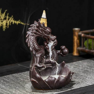 Buddha Stones Dragon Lotus Pattern Strength Protection Ceramic Incense Burner Decoration Incense Burner BS 3