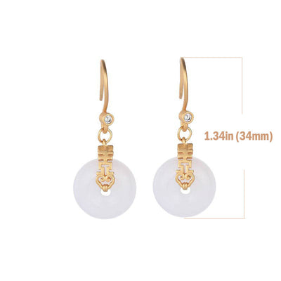 Buddha Stones White Jade Double Happiness Fortune Earrings Earrings BS 4