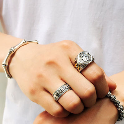 Buddha Stones 925 Sterling Silver Sanskrit Design Carved Protection Adjustable Ring Ring BS 24