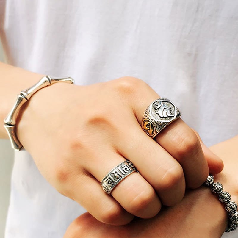 Buddha Stones 925 Sterling Silver Sanskrit Design Carved Protection Adjustable Ring Ring BS 24