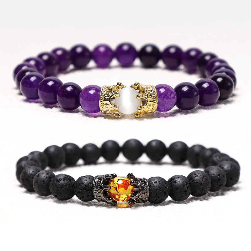 Buddha Stones Natural Stone King&Queen Crown Healing Energy Beads Couple Bracelet Bracelet BS 8