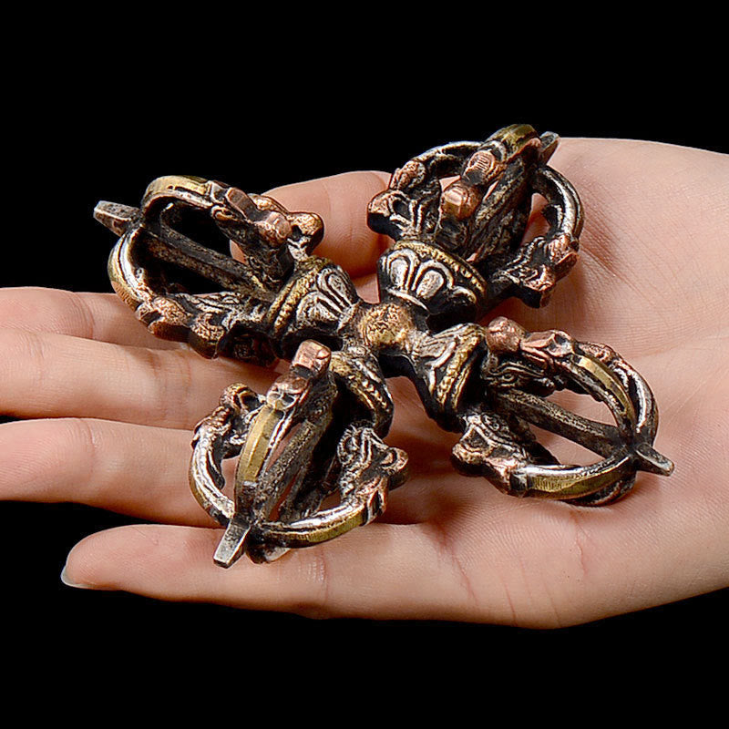 Buddha Stones Tibetan Handmade 5 Prong Double Dorje Copper Iron Thunderbolt Strength Vajra Double Dorje BS 3
