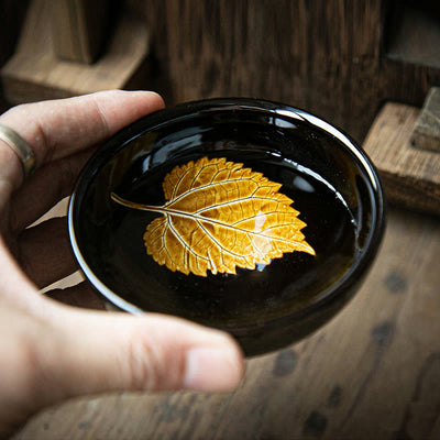Buddha Stones Gold Maple Leaf Chinese Jianzhan Ceramic Teacup Tenmoku Kung Fu Tea Cup Bowl Jian Zhan Tea Cup BS 9