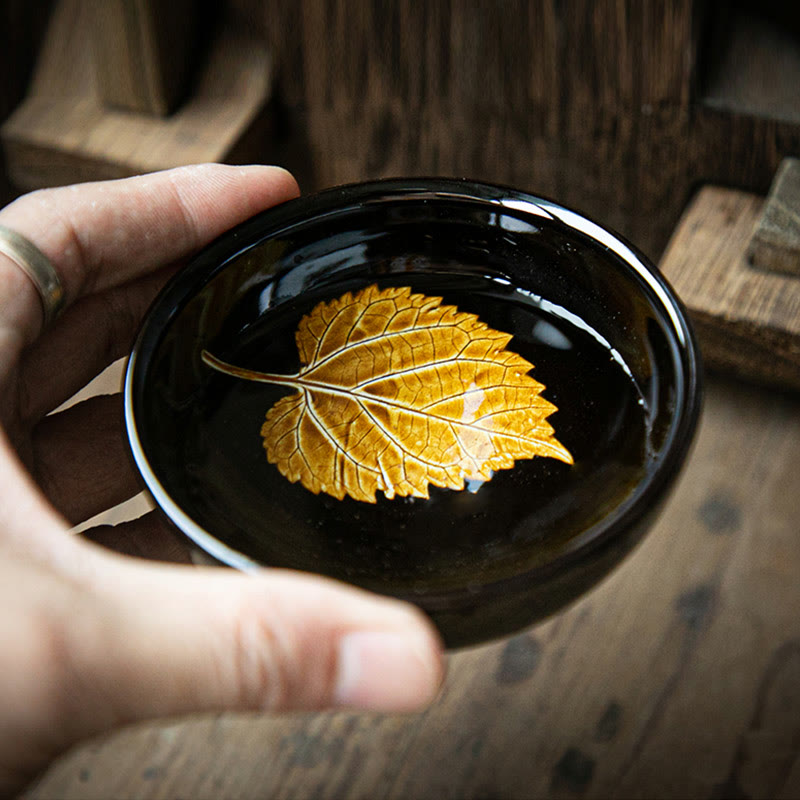 Buddha Stones Gold Maple Leaf Chinese Jianzhan Ceramic Teacup Tenmoku Kung Fu Tea Cup Bowl Jian Zhan Tea Cup BS 9
