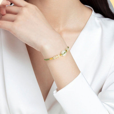 Buddha Stones Hetian Jade Peace Buckle Luck Peach Blossom Braided Bracelet Bracelet BS 3