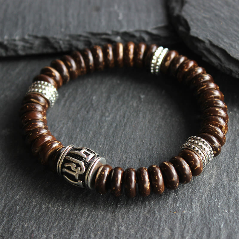 Buddha Stones Natural Tibetan Coconut Shell Om Mani Padme Hum Positive Bracelet Bracelet BS Brown Coconut Shell 18-20cm