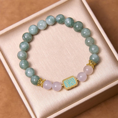 Buddha Stones Natural Green Jade White Agate Five Scriptures Abundance Bracelet Bracelet BS 2