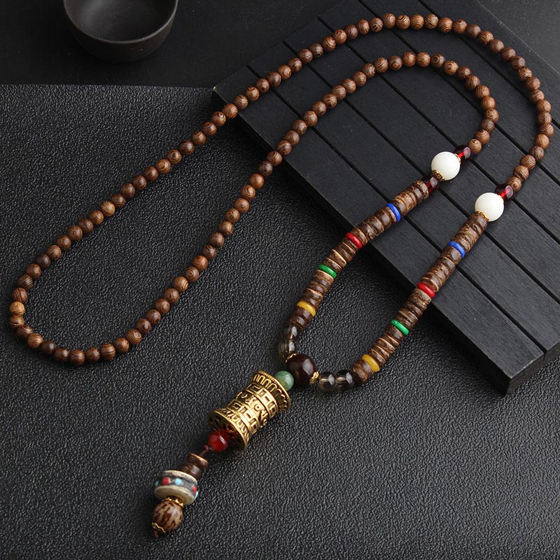 Buddha Stones Turquoise Dzi Bead Prayer Wheel Wenge Wood Meditation Necklace - Gold Prayer Wheel - image 8