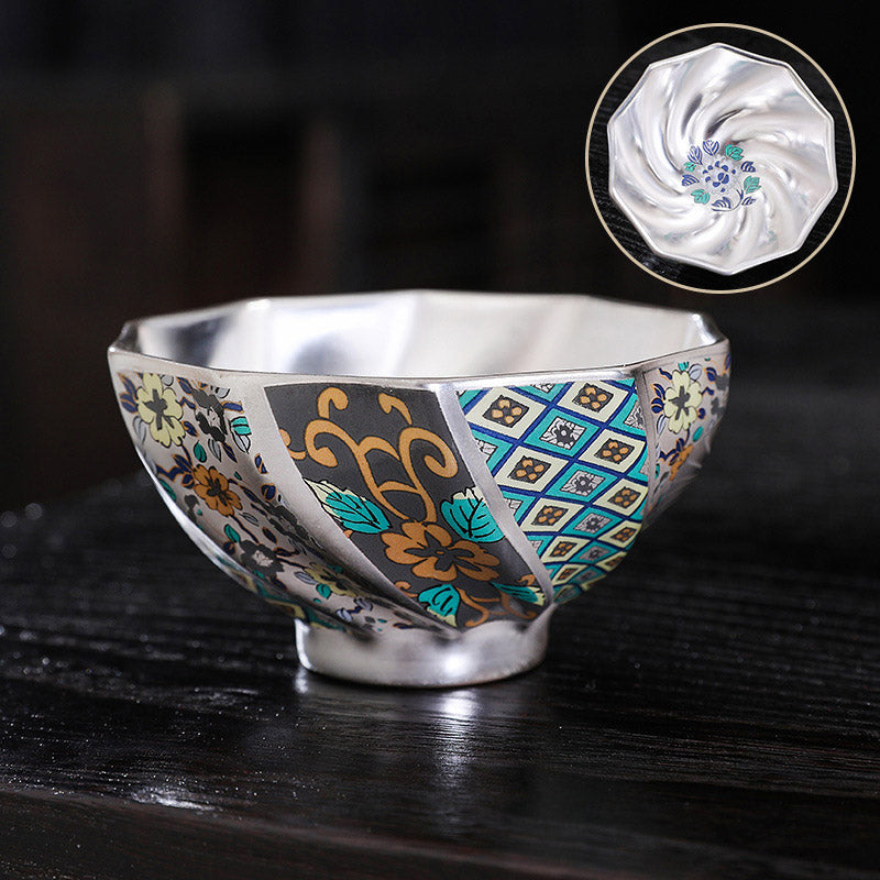 Buddha Stones 999 Sterling Silver Gilding Chrysanthemum Flowers Ceramic Teacup Kung Fu Tea Cup Cup BS Chrysanthemum 8.7cm*4.7cm*100ml