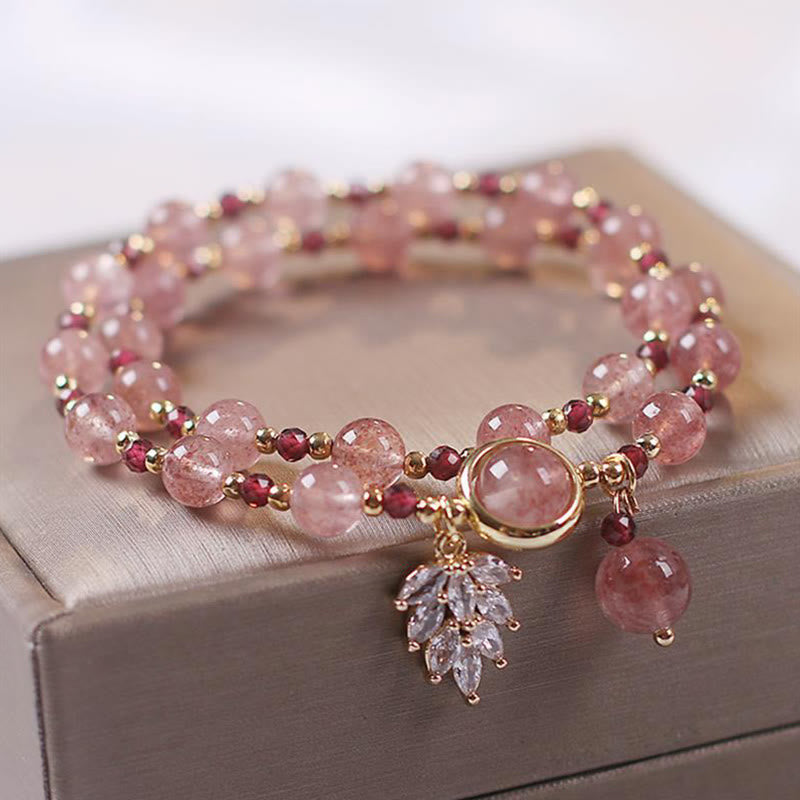 Foviel Natural Strawberry Quartz Love Healing Maple Leaf Charm Double Wrap Bracelet