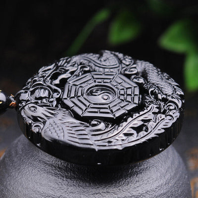 Collier pendentif Foviel Bagua Dragon Phénix en obsidienne
