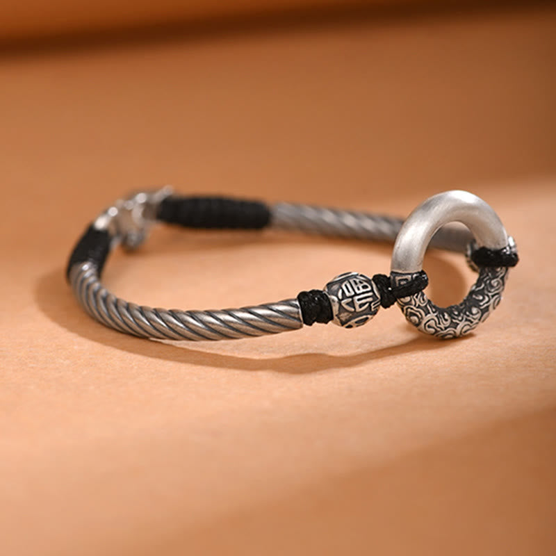 Buddha Stones 999 Sterling Silver Fu Character Peace Buckle Copper Coin Auspicious Clouds Fortune Bracelet Bracelet BS 7