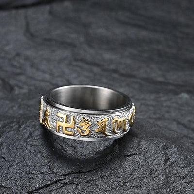 Buddha Stones Six True Words Balance Calm Titanium Steel Ring - image 3