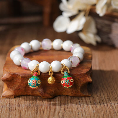 Buddha Stones Gold Swallowing Beast Family Charm Liuli Glass Colorful Porcelain Bead Luck Bracelet Bracelet BS Gold Swallowing Beast Family&Pink Love Heart