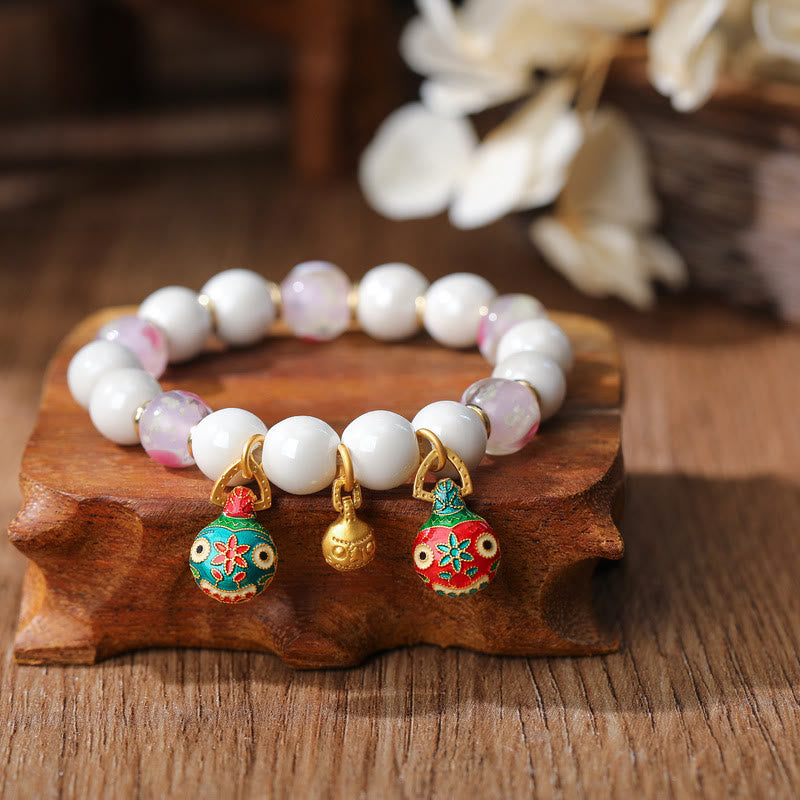 Buddha Stones Gold Swallowing Beast Family Charm Liuli Glass Colorful Porcelain Bead Luck Bracelet Bracelet BS Gold Swallowing Beast Family&Pink Love Heart