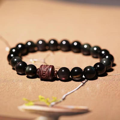 Buddha Stones Natural Gold Sheen Obsidian Rainbow Obsidian Om Mani Padme Hum Fu Character Healing Bracelet Bracelet BS 10mm Rainbow Obsidian Om Mani Padme Hum(Wrist Circumference 14-16cm)