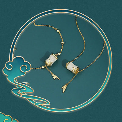 Buddha Stones 925 Sterling Silver 22K Gold Hetian White Jade Bamboo Leaf Luck Necklace Pendant Bracelet Bracelet Necklaces & Pendants BS 7