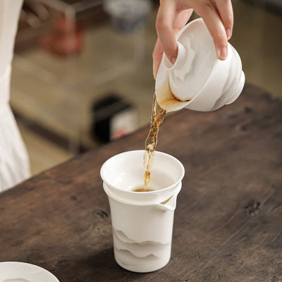 Buddha Stones Vintage Ink Painting Mountain White Porcelain Ceramic Gaiwan Sancai Teacup Kung Fu Tea Cup And Saucer With Lid Tea Utensil Teapot Cup BS 19