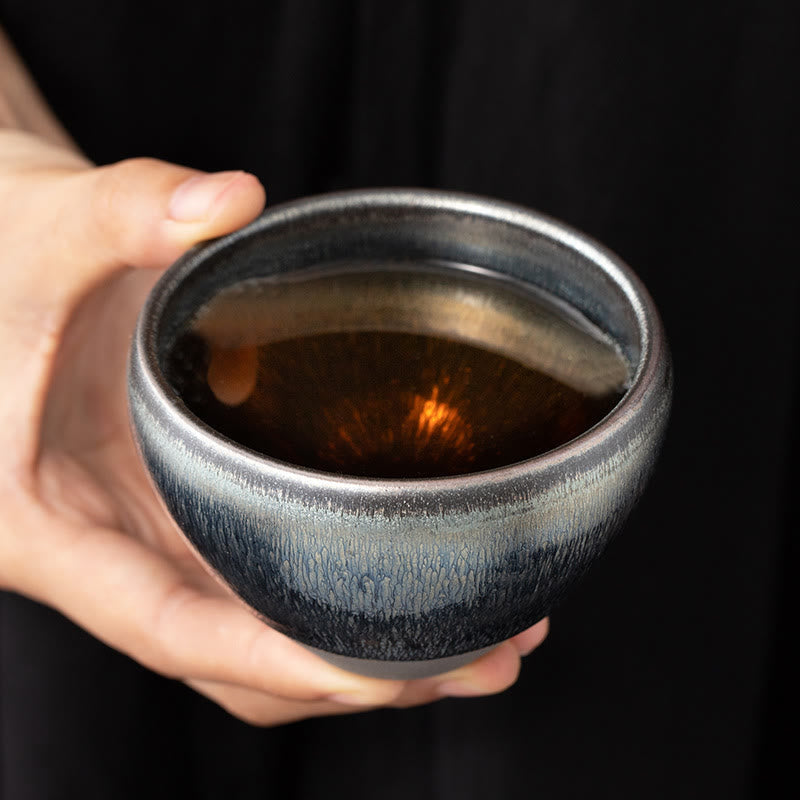 Buddha Stones Vintage Chinese Silver Blue Jianzhan Kiln Change Porcelain Teacup Kung Fu Tea Cup Jian Zhan Tea Cup BS 5