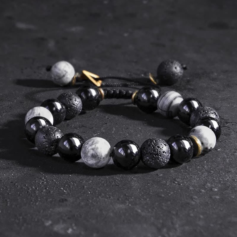 Foviel Black Obsidian Lava Rock Stone Yin Yang Strength Bracelet