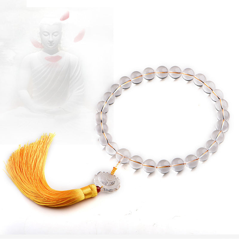 Buddha Stones Natural White Crystal Lotus Wrist Mala Meditation Tassels Pocket Mala Car Decoration Wrist Mala&Decorations BS 4