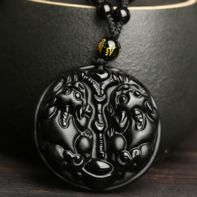 Buddha Stones Black Obsidian Double Pixiu Bead Rope Purification Necklace Pendant Necklaces & Pendants BS 2