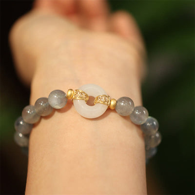 Buddha Stones Natural Moonstone Heitan Jade Peace Buckle Healing Bracelet Bracelet BS Moonstone&Heitan White Jade