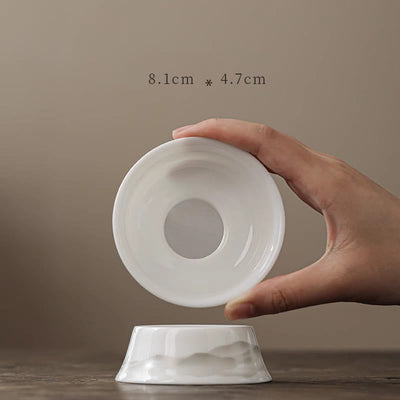 Buddha Stones Vintage Ink Painting Mountain White Porcelain Ceramic Gaiwan Sancai Teacup Kung Fu Tea Cup And Saucer With Lid Tea Utensil Teapot Cup BS Tea Strainer 8.1cm*4.7cm