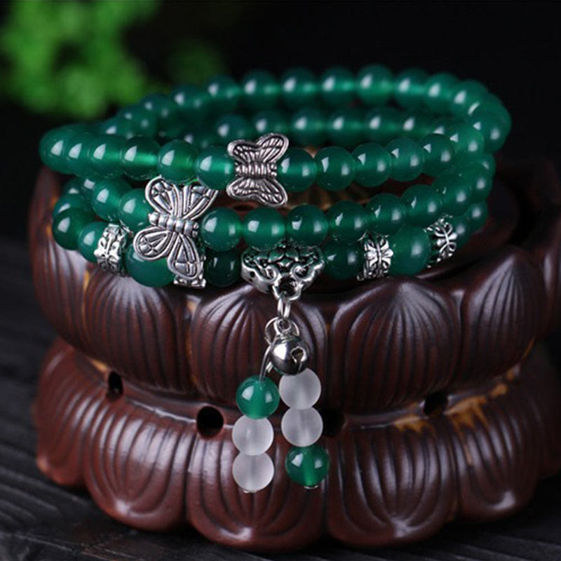 Buddha Stones Natural Green Agate Butterfly Support Bracelet Mala Bracelet BS 2