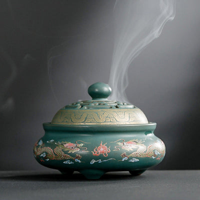 Buddha Stones Dragon Floral Pattern Backflow Smoke Fountain Ceramic Meditation Incense Burner Decoration Decorations Incense Burner BS Dragon