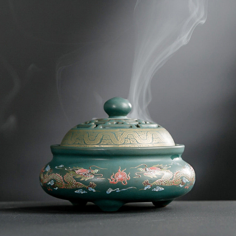 Buddha Stones Dragon Floral Pattern Backflow Smoke Fountain Ceramic Meditation Incense Burner Decoration Decorations Incense Burner BS Dragon