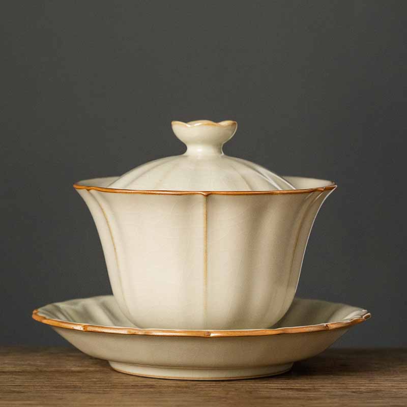Buddha Stones Beige Plum Blossom Shape Peach Branch Ceramic Gaiwan Sancai Teacup Kung Fu Tea Cup With Lid Cup BS 1