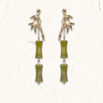 Buddha Stones 925 Sterling Silver Posts Copper Plated Gold Natural Peridot Bamboo Leaf Drop Earrings 4