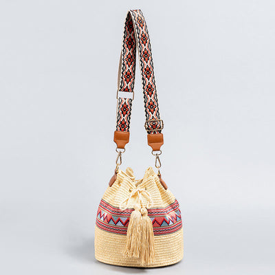 Buddha Stones Beach Geometry Straw Woven Bucket Tassels Crossbody Bag Shoulder Bag Crossbody Bag BS Beige 22*19*22cm