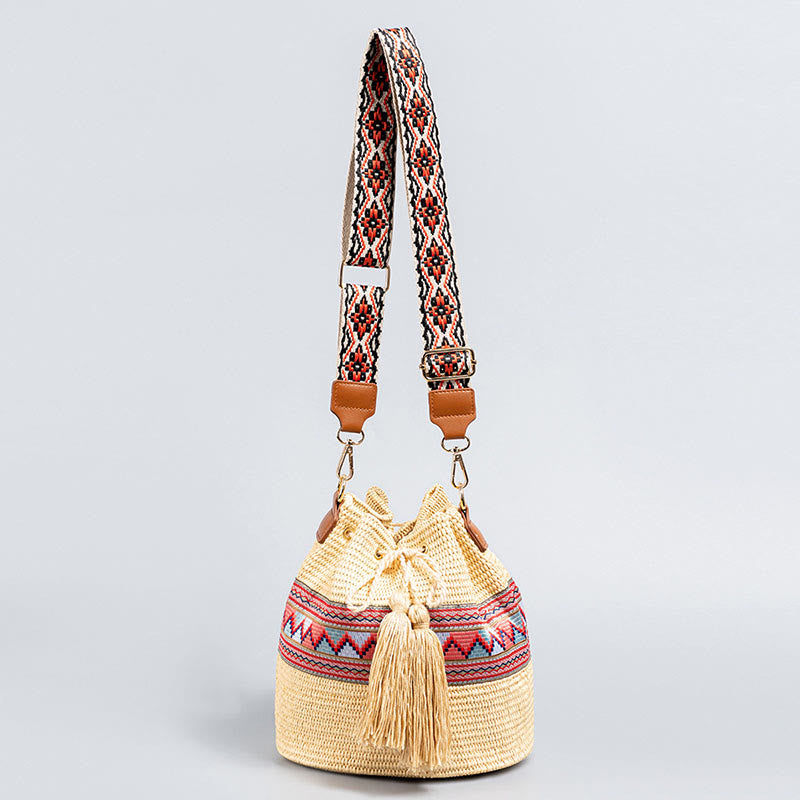 Buddha Stones Beach Geometry Straw Woven Bucket Tassels Crossbody Bag Shoulder Bag Crossbody Bag BS Beige 22*19*22cm