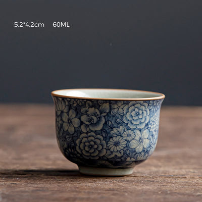 Buddha Stones Blue Lotus Peach Blossom Chrysanthemum Design Ceramic Teacup Kung Fu Tea Cups Cup BS 5.2cm*4.2cm*60ml