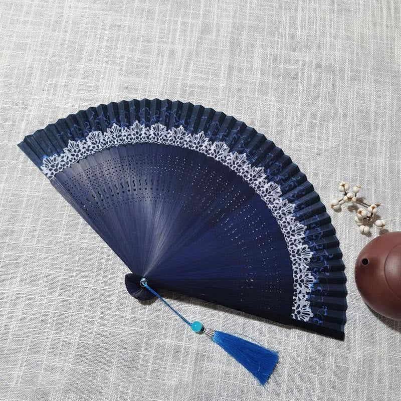 Buddha Stones Simple Hollow Engraved Handheld Bamboo Folding Fan Folding Fan BS Blue 22cm