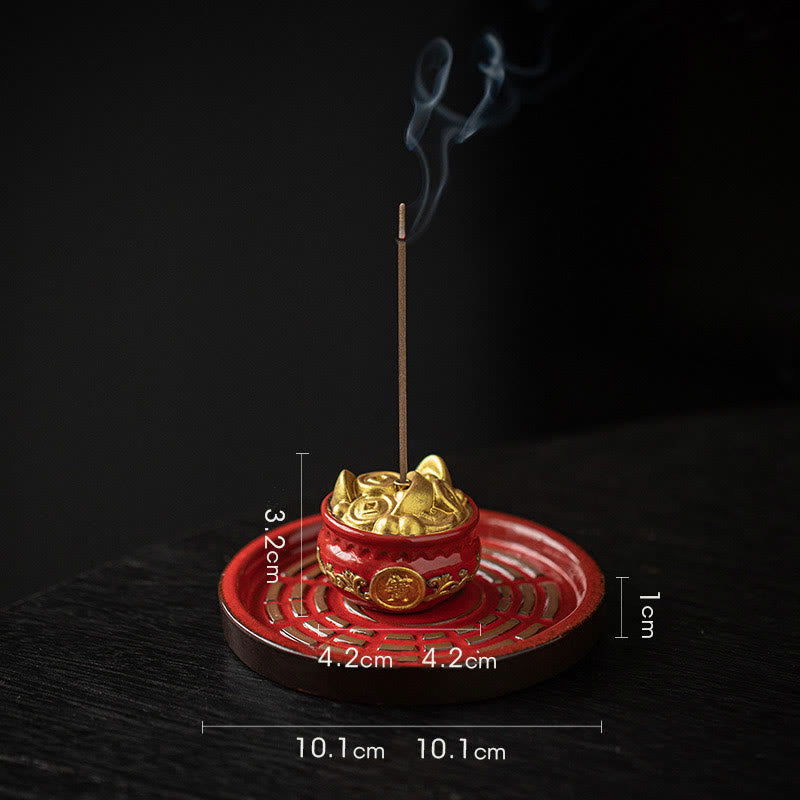 Buddha Stones Small Treasure Bowl Lucky Bag Bagua Tray Healing Ceramic Stick Incense Burner Decoration Incense Burner BS Red Treasure Bowl+Bagua Tray 10.1*10.1*3.2cm