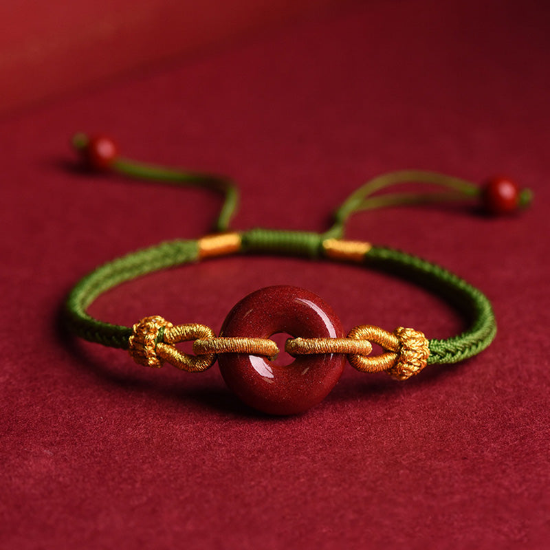 Buddha Stones Handmade Cinnabar Peace Buckle Blessing Braided Rope Bracelet Bracelet BS Green Rope(Wrist Circumference 14-23cm)