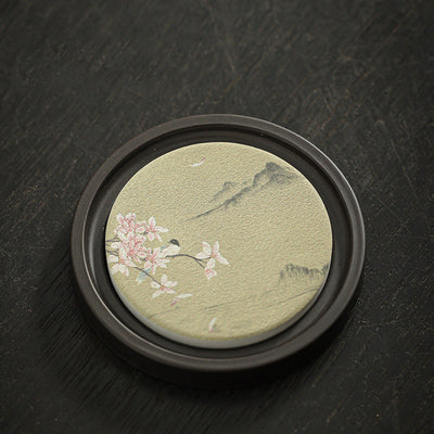 Buddha Stones Plum Blossom Peach Heart Sutra Loquat Magnolia Persimmon Ceramic Cup Mat Pad Coaster Kung Fu Tea Mat Cup Mat BS Magnolia 7.9*1cm