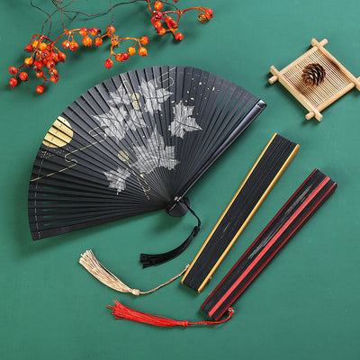 Buddha Stones Vintage Cloud Crane Maple Leaf Pattern Handheld Bamboo Folding Fan Folding Fan BS 5
