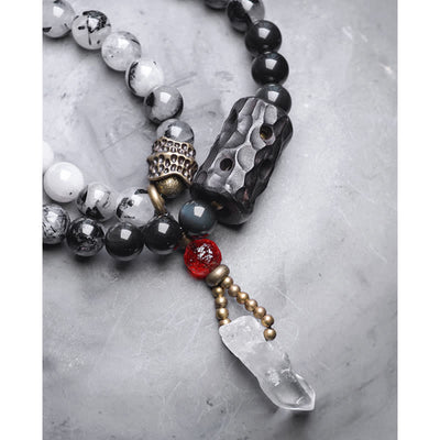 Buddha Stones Black Rutilated Quartz Ebony Wood White Crystal Success Couple Bracelet Bracelet BS 14