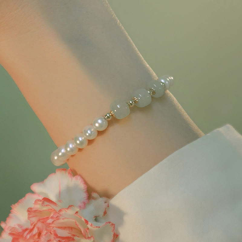 Buddha Stones 14K Gold Plated Natural Pearl Hetian Cyan Jade White Jade Sincerity Bead Chain Bracelet Bracelet BS 17