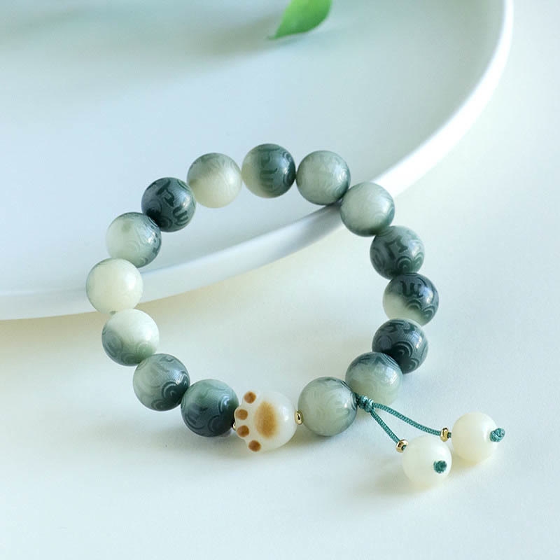 Buddha Stones Bodhi Seed Om Mani Padme Hum Carved Harmony Bracelet Bracelet BS Green White Bodhi Seed(Wrist Circumference 14-16cm)