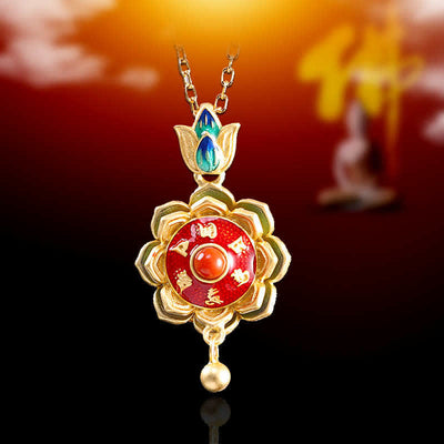 Buddha Stones 925 Sterling Silver Tibet Lotus Prayer Wheel Red Agate Enlightenment Necklace Pendant Necklaces & Pendants BS 1