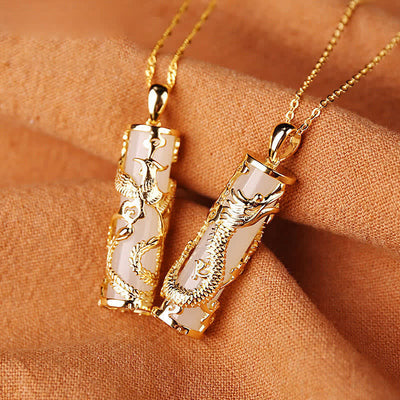 Buddhastoneshop Jade Dragon Phoenix Copper Blessing Harmony Necklace Pendant