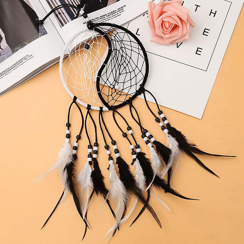 Buddha Stones Yin Yang  Dream Catcher Circular Net with Feathers Balance Decoration Decorations BS 15