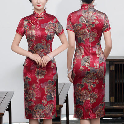 Buddha Stones Retro Flower Lotus Peony Feather Print Qipao Dress Women's Cheongsam Dress - Wine Red Lotus - US16，UK/AU20，EU48 (5XL) - image 14