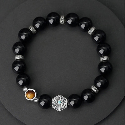 Foviel 925 Sterling Silver Black Obsidian Tiger Eye Eye of Providence Purification Bracelet