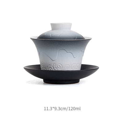 Buddha Stones Retro Blue Ocean Sea Waves Gradient Ceramic Gaiwan Sancai Teacup Kung Fu Tea Cup And Saucer With Lid Cup BS Black White Gradient 11.3*9.3cm*120ml